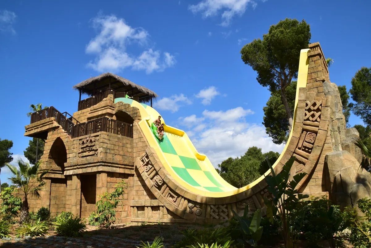 Half-pipe slide in a Mayan-style tower, Aqualand El Arenal