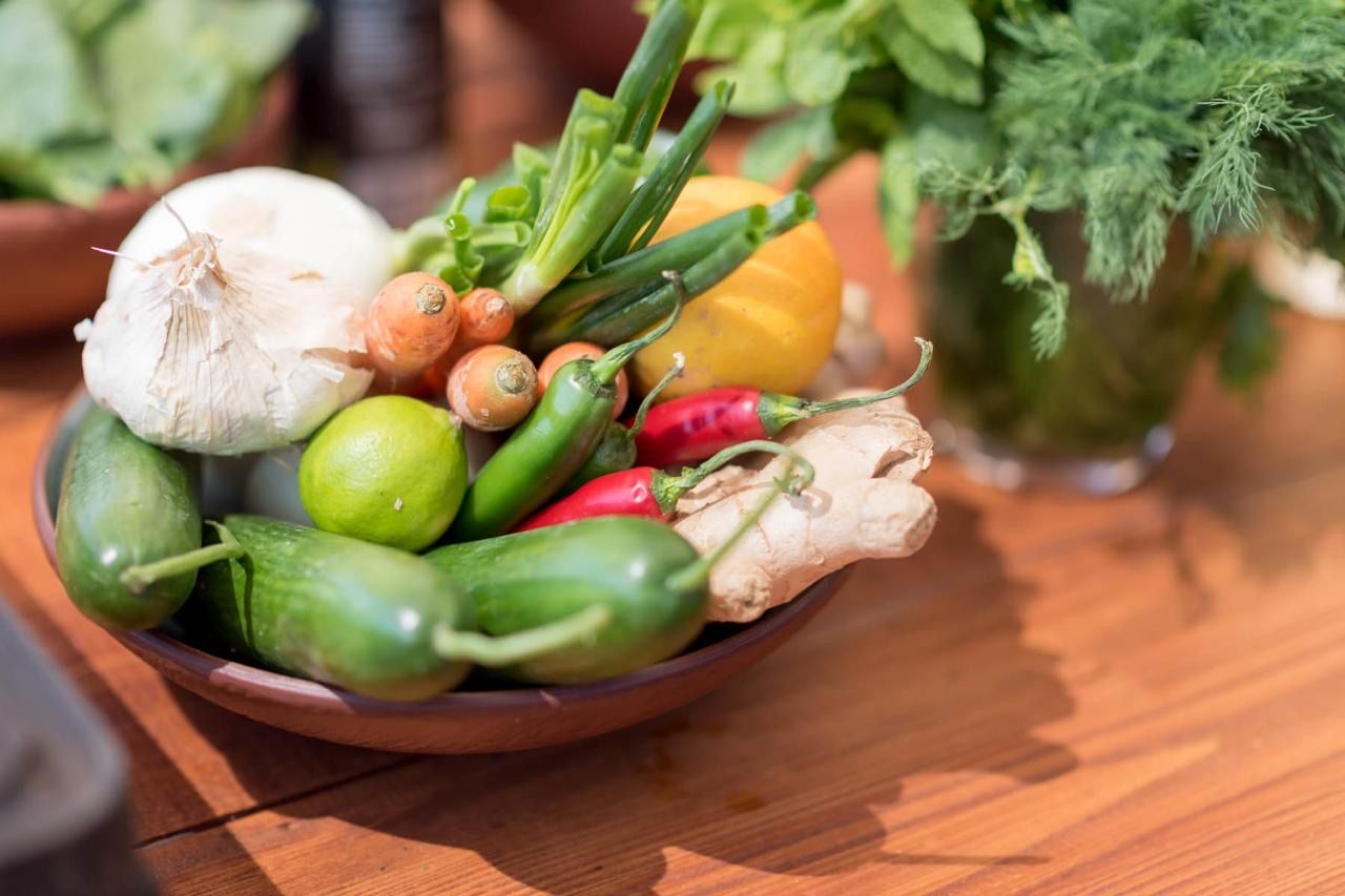 Fresh vegetables and herbs for the class