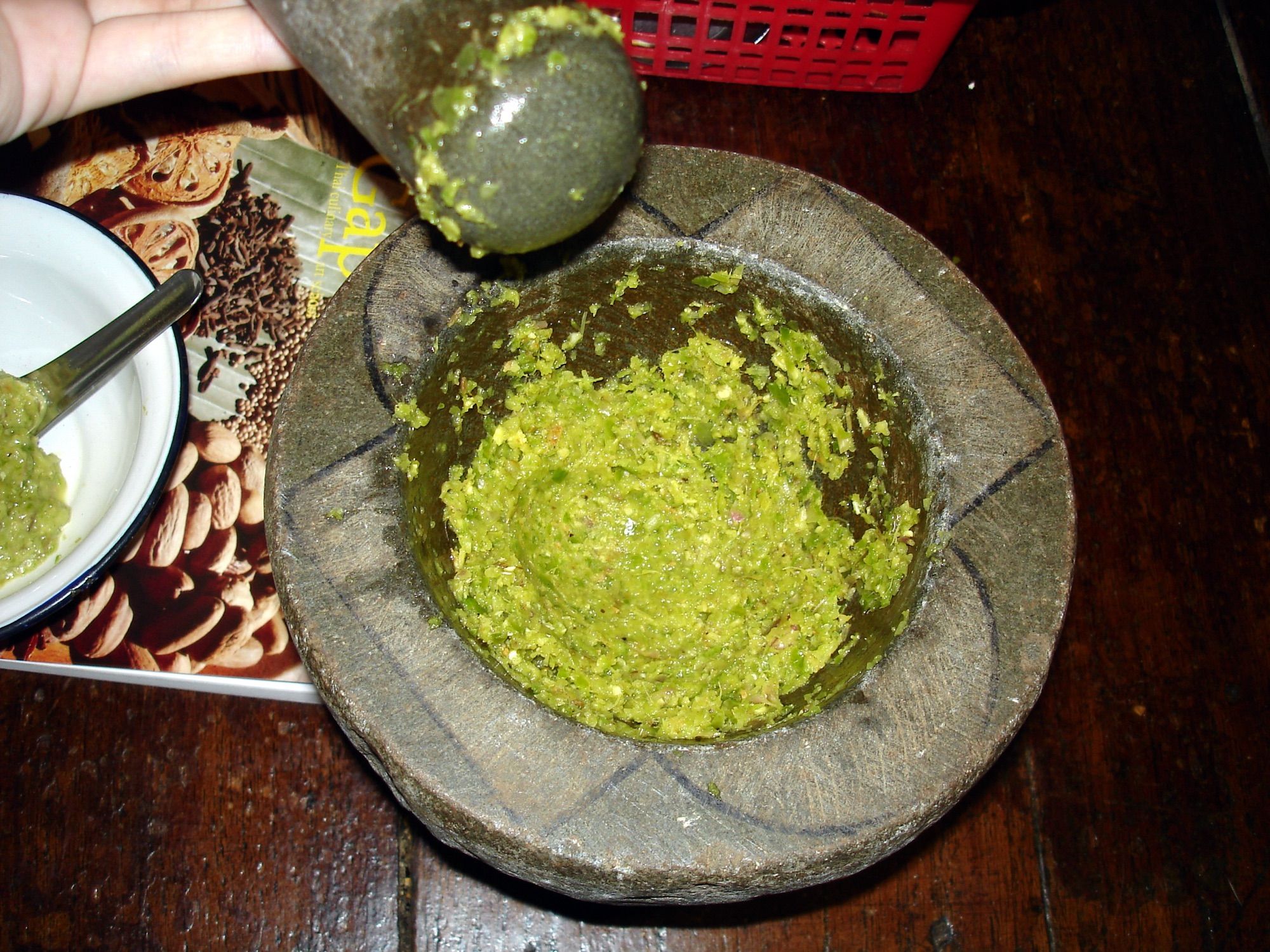 Green curry paste in a mortar