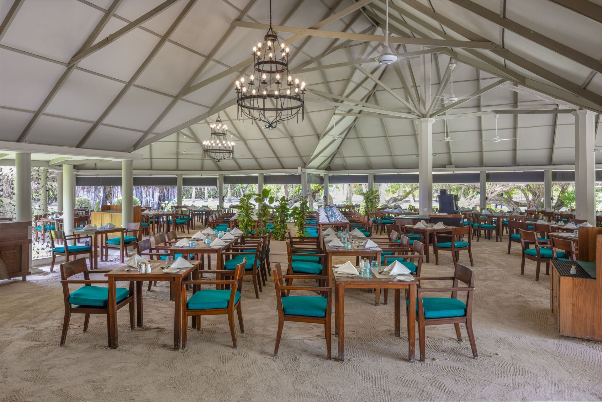 Banyan main restaurant, open-sided and airy