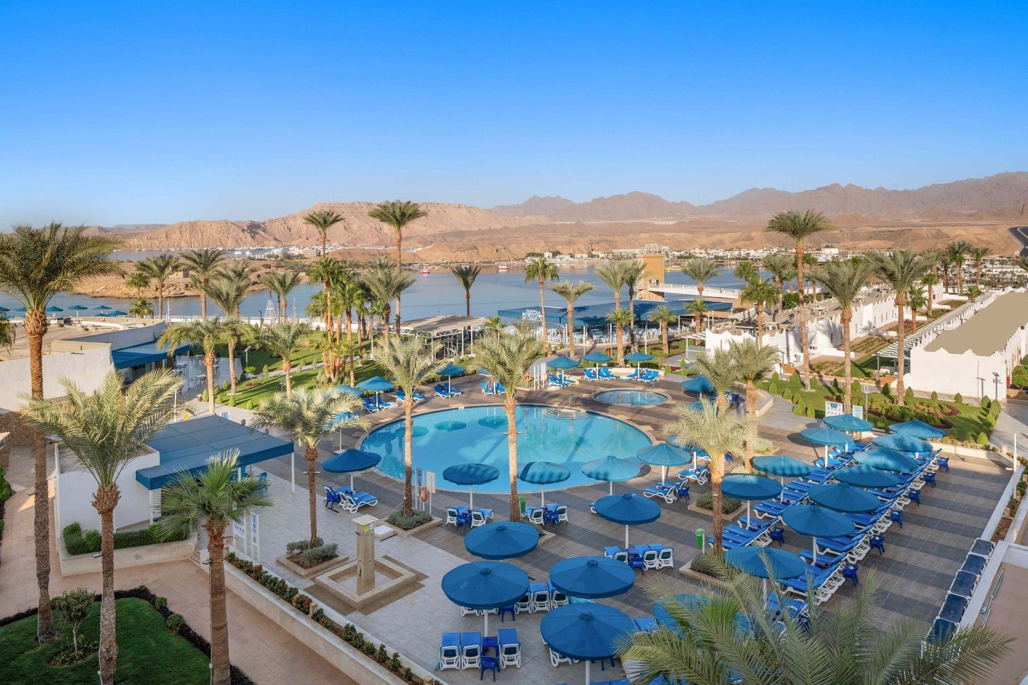 Pools, palm trees and blue parasols at Albatros Sharm Resort with the mountains behind