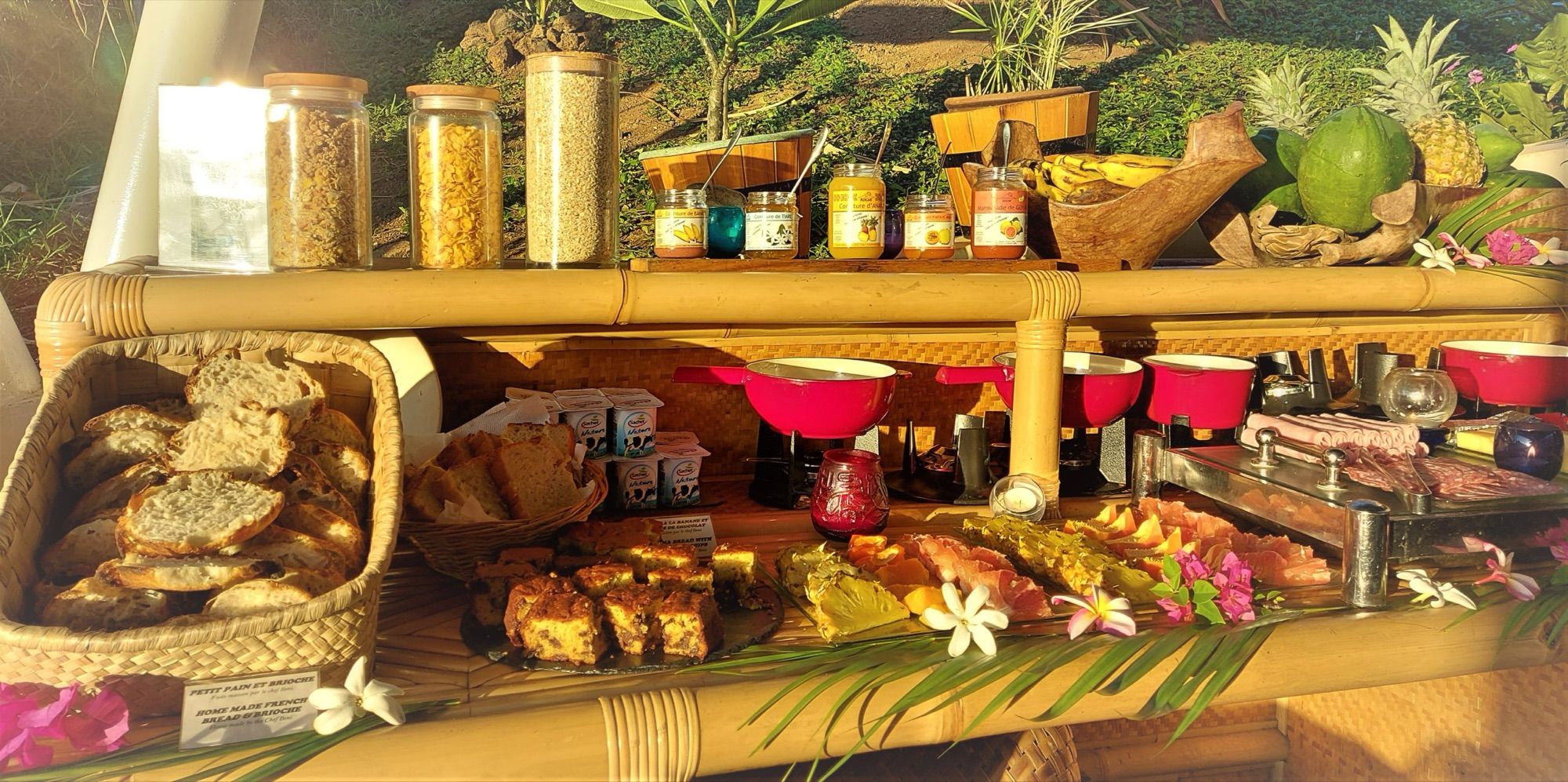 Breakfast spread with local fruit