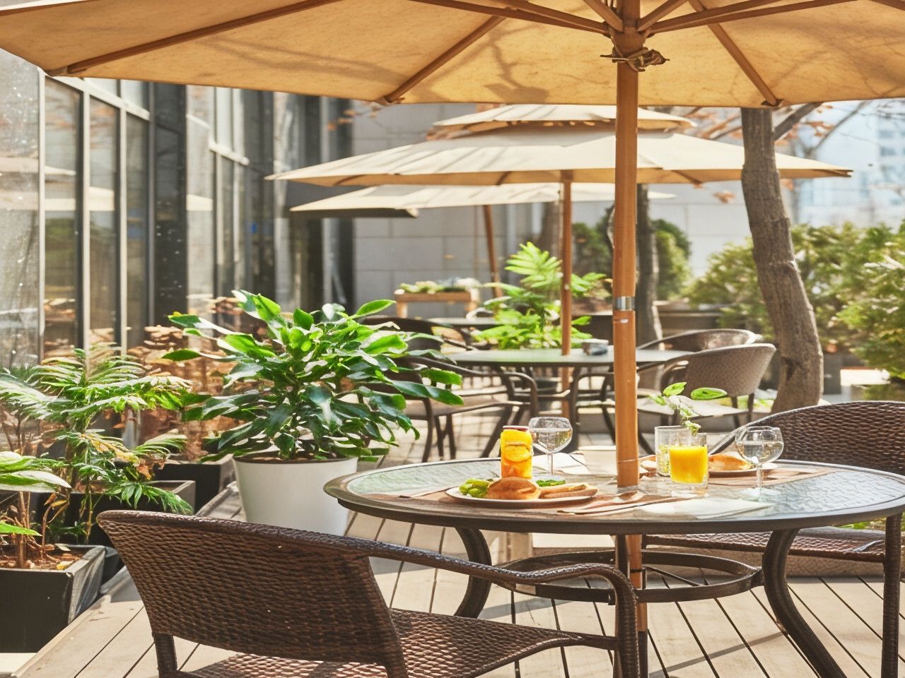 Outdoor terrace with parasols and plants