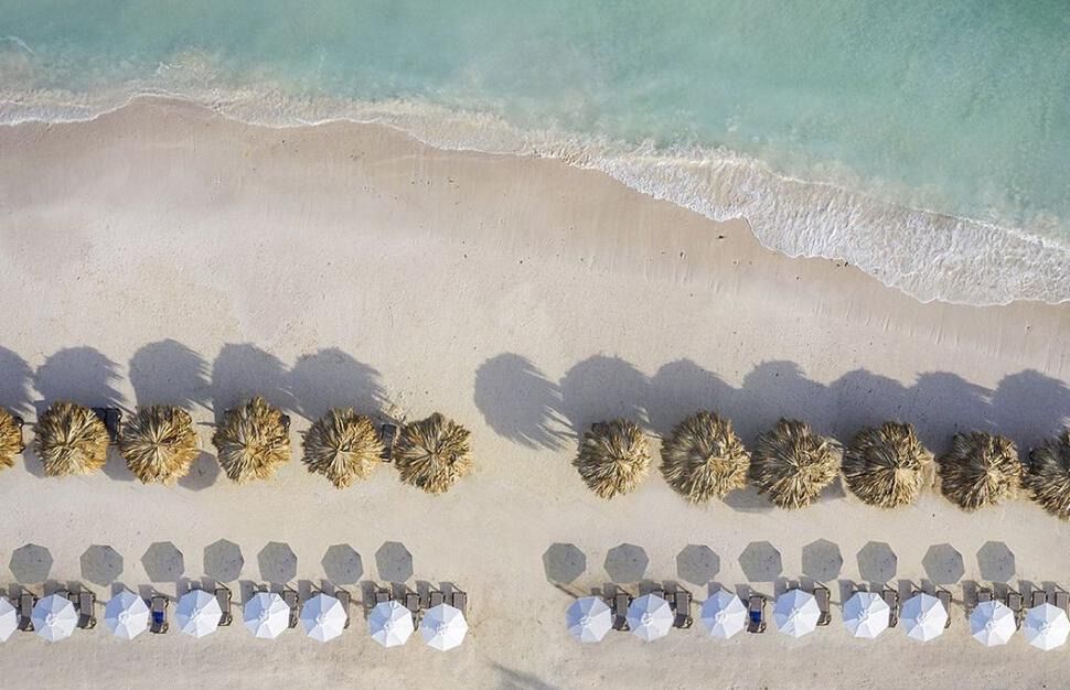 Beach with loungers from above