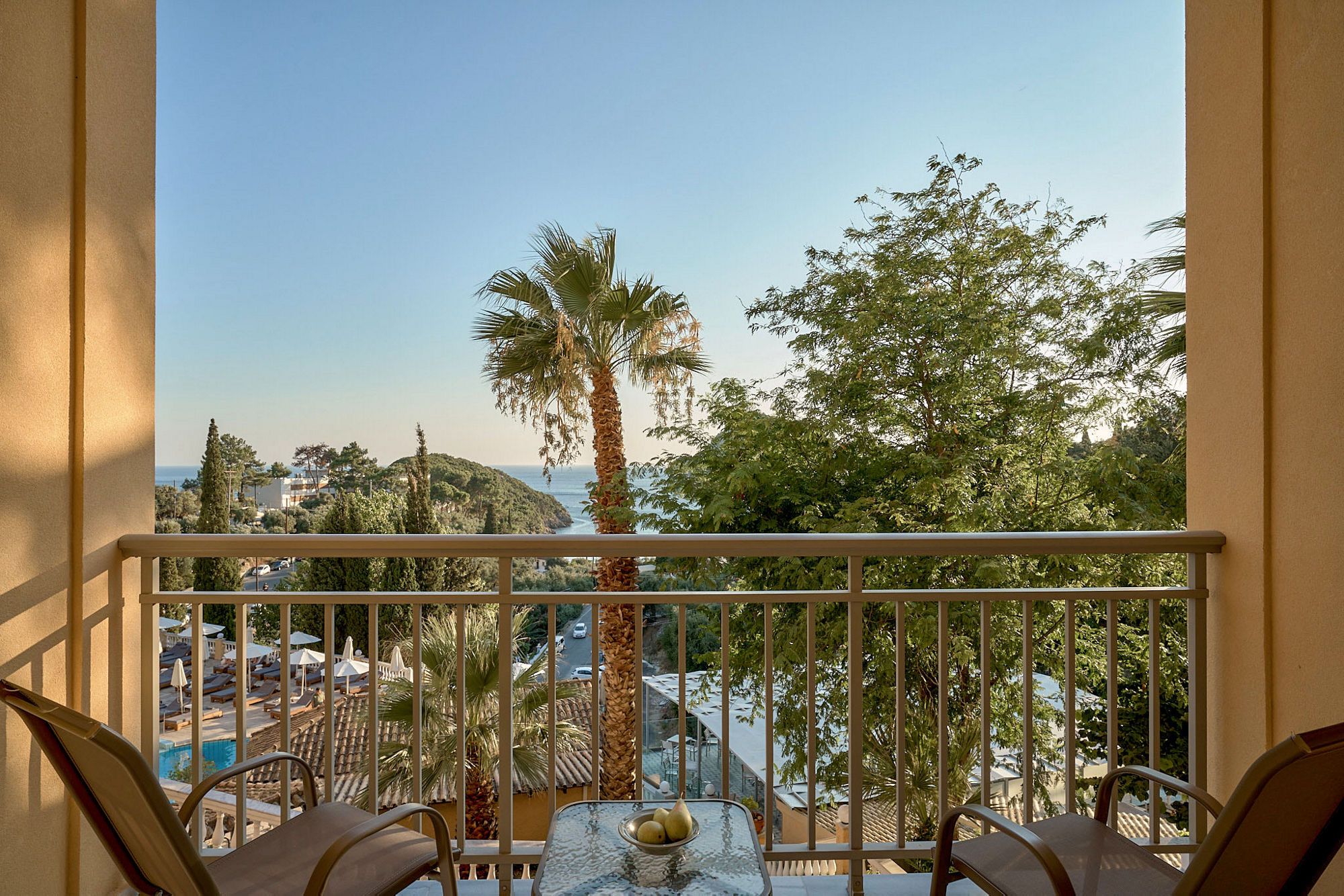Balcony view over the gardens to the sea