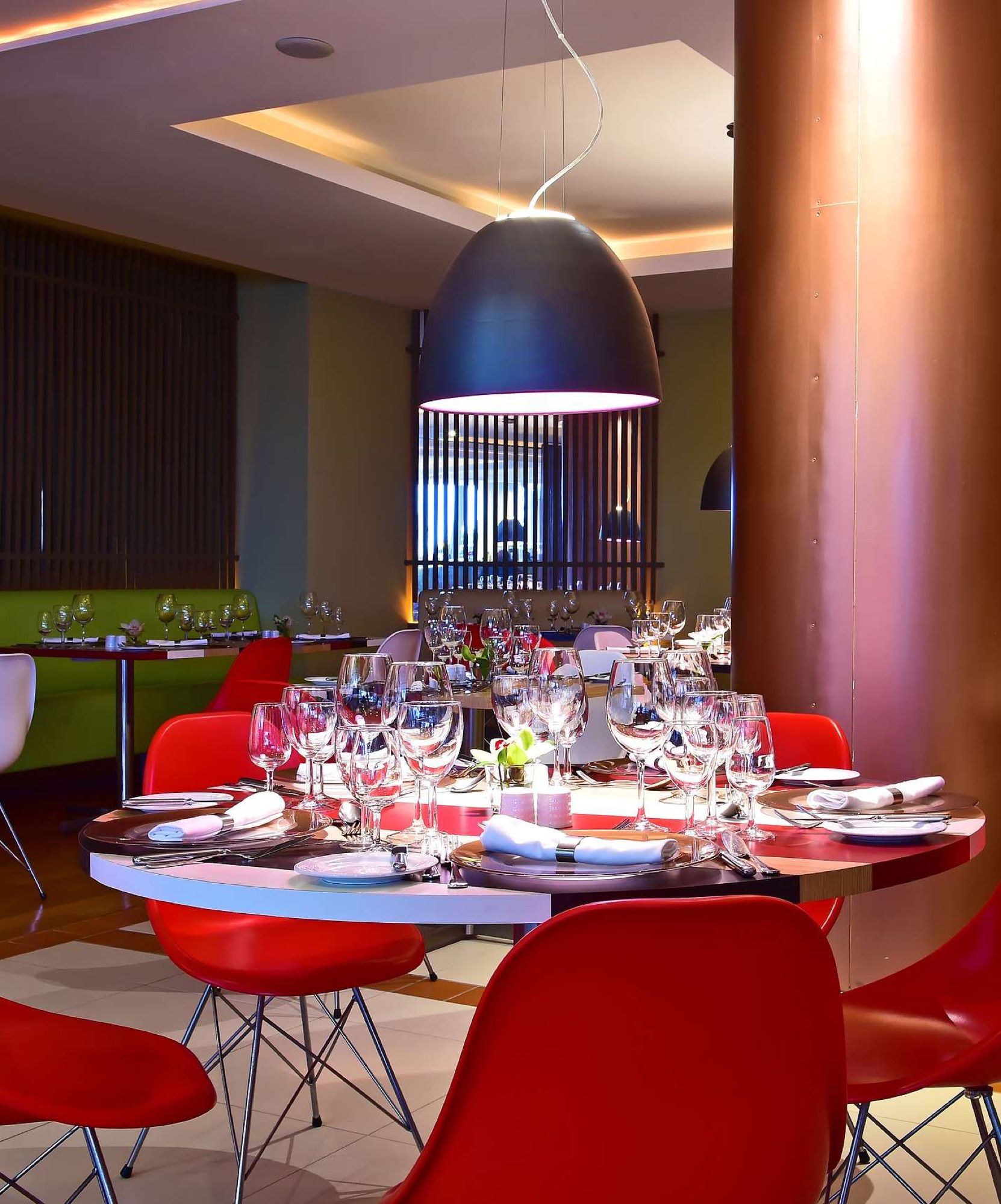 Dining room set for dinner