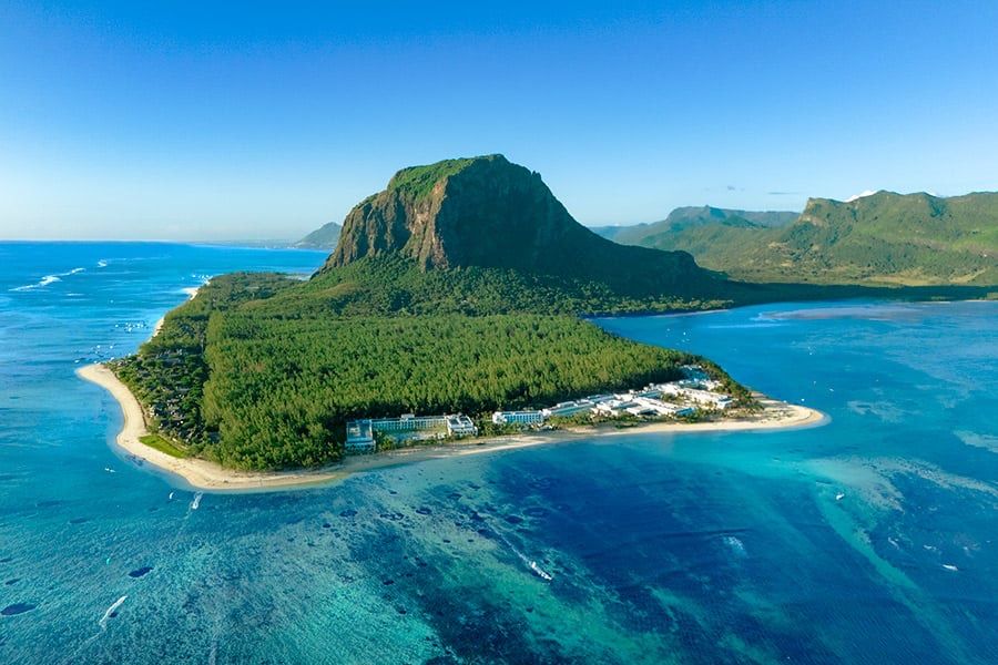 The Le Morne peninsula and its lagoon, with the hotel on the shore