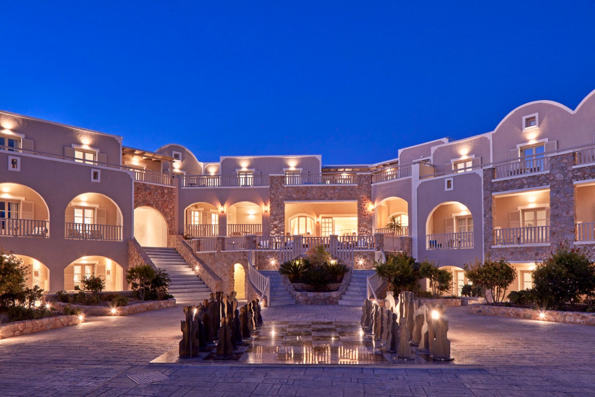 Courtyard of Santo Miramare Resort in the evening
