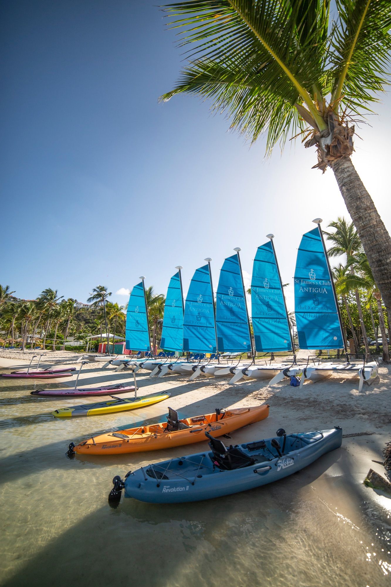 Hobie Cat sailboats and kayaks on the beach