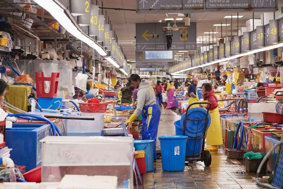 Seafood stalls inside Jagalchi Market, Busan