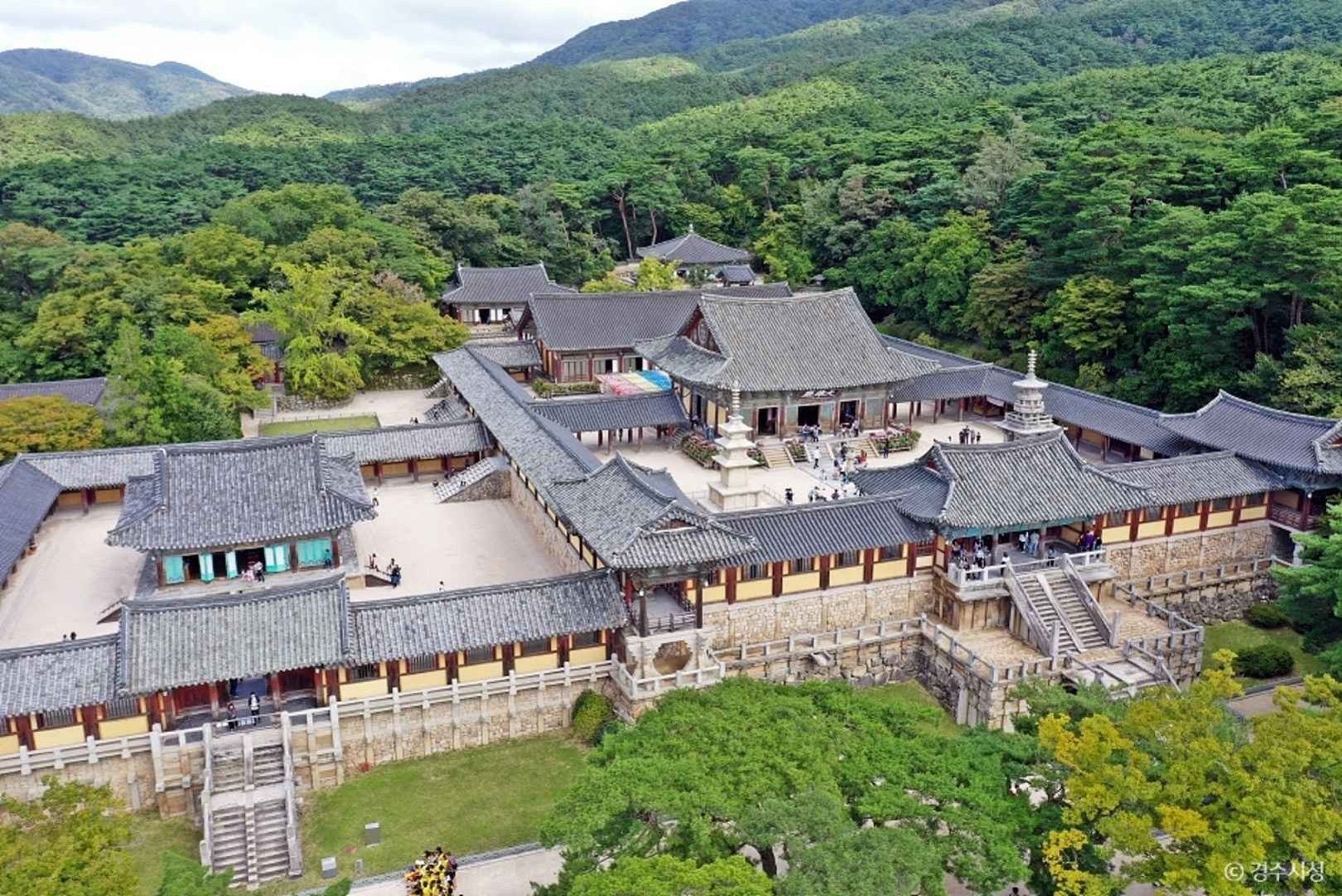 Bulguksa Temple in Gyeongju from above, among wooded hills