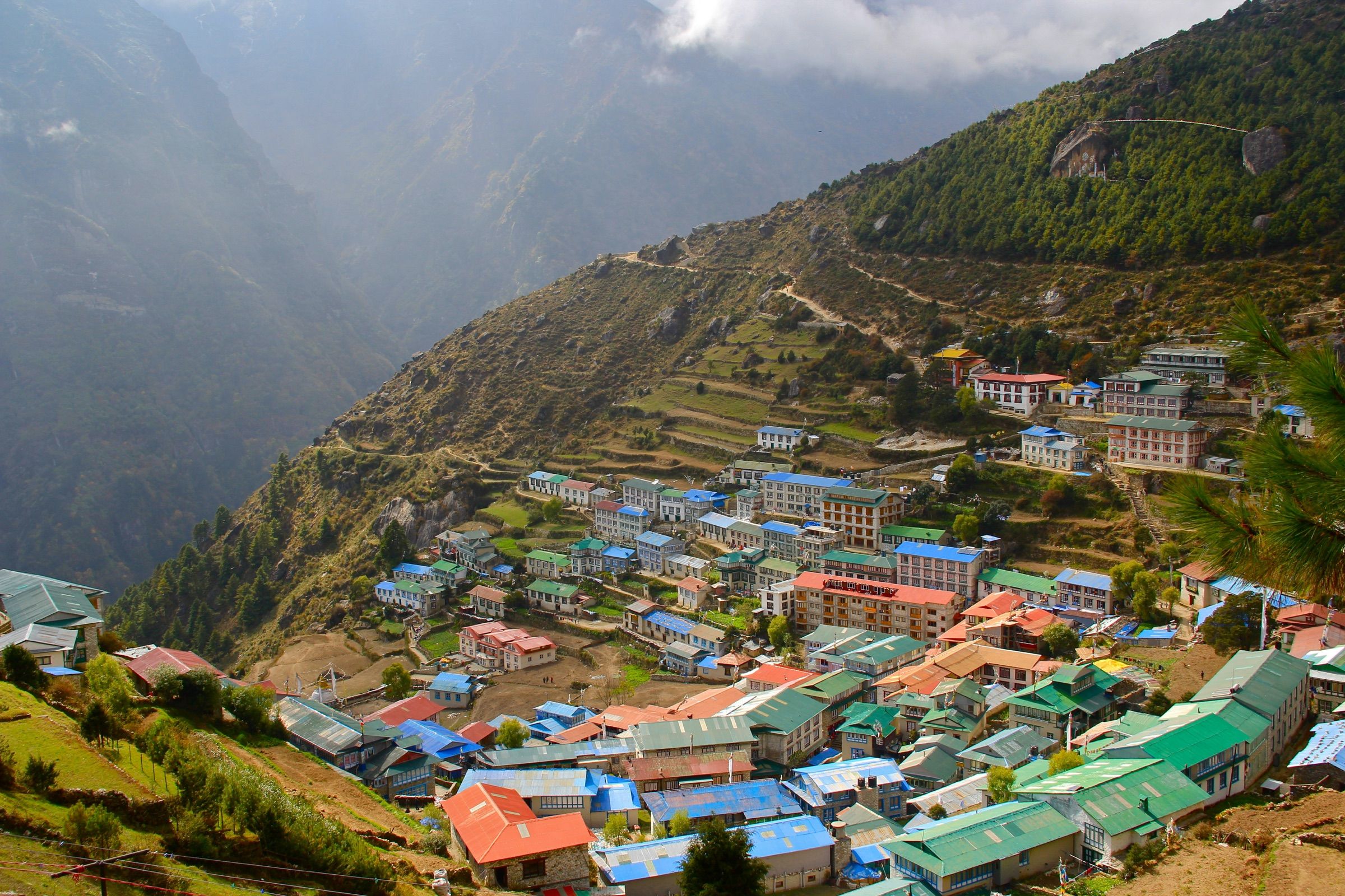 Namche Bazaar's coloured roofs in a horseshoe-shaped valley