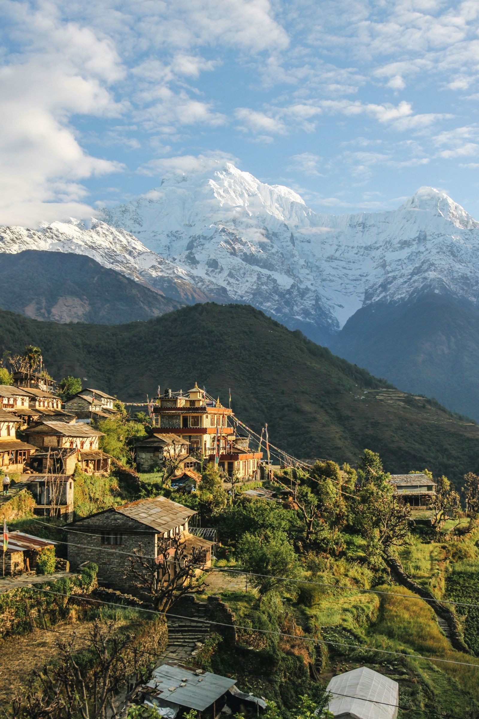 Stone village on a terraced hillside below Himalayan peaks