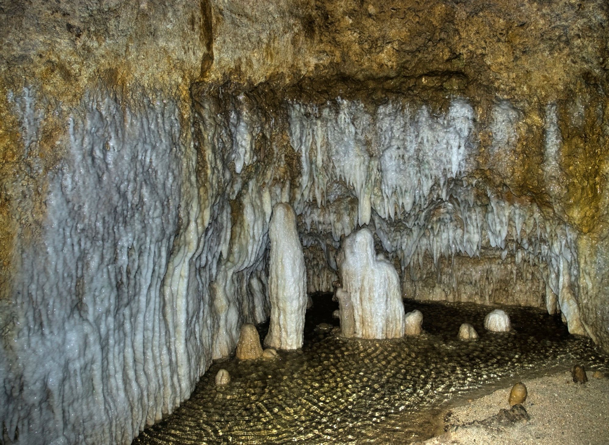 Limestone formations and rimstone pools in Harrison's Cave