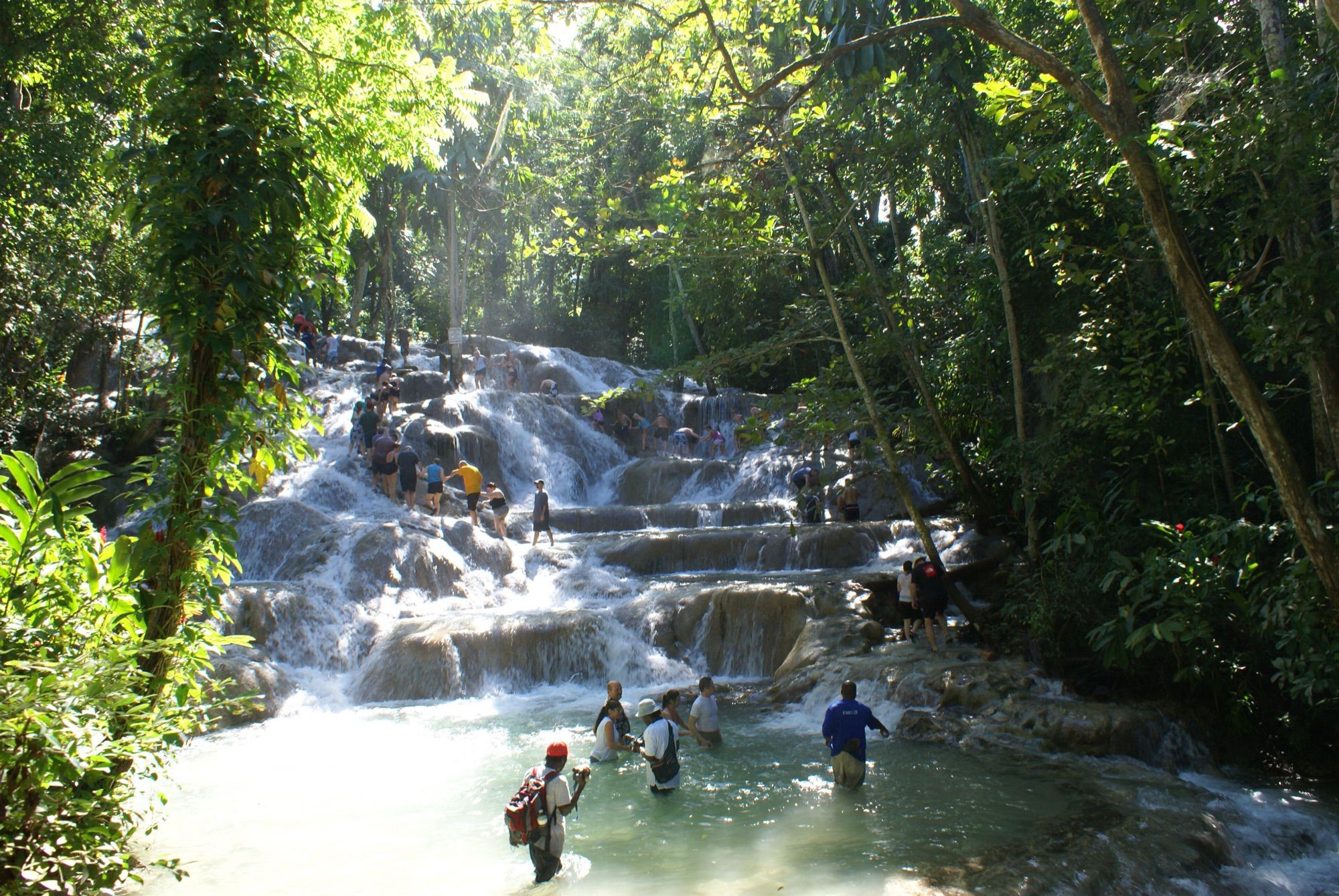 Climbing the falls in a human chain